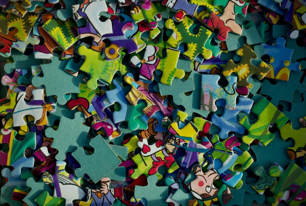 colorful jigsaw puzzle pieces in close up view